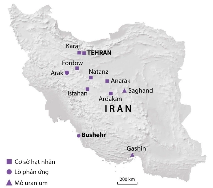 Vị trí chiến lược của ba cơ sở hạt nhân trọng yếu: Fordow, Natanz và Isfahan.